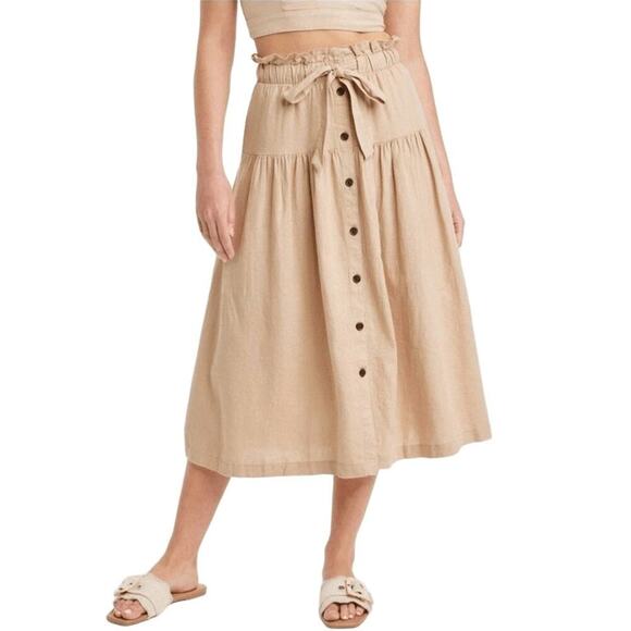 Universal Threads Dresses & Skirts - Universal Threads Linen Midi‎ Skirt Tie Waist Button Front Tan Womens Size L